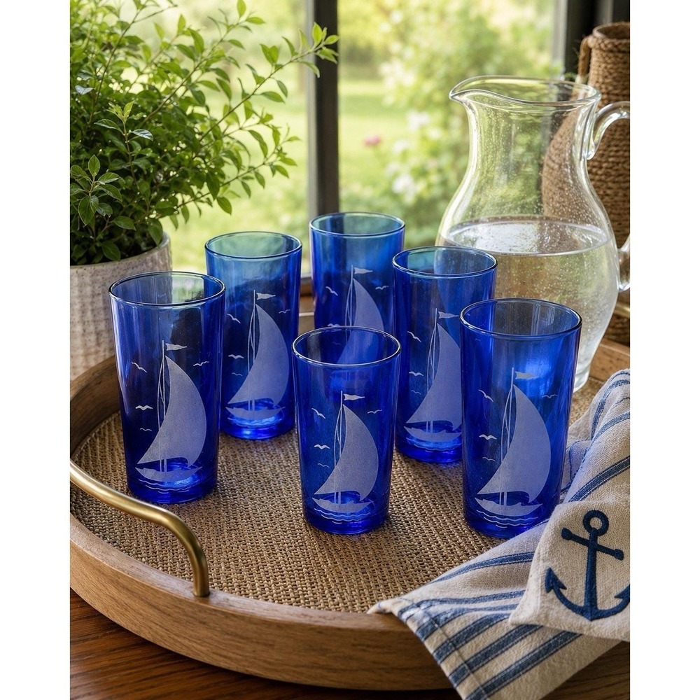 Hazel Atlas Depression Glass Ships Water Cobalt Blue 1930's White Ships Lot 6
